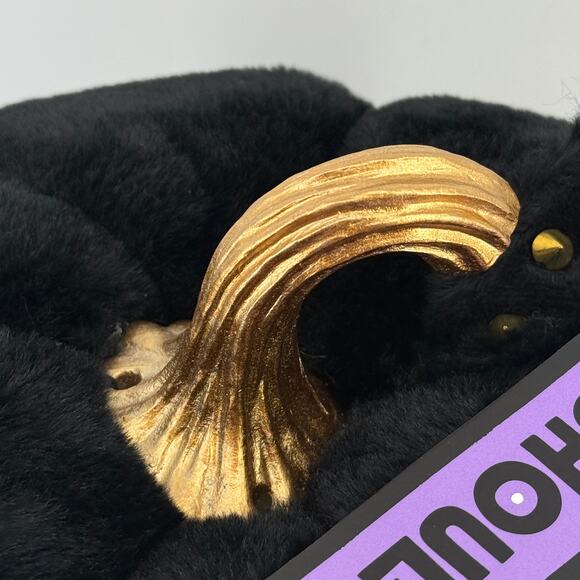 Halloween Faux Fur Black Gold Studs Cat Ears Plush Pumpkin 11" Thanksgiving Goth - Picture 5 of 6